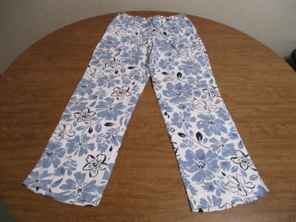 CHARTER CLUB LINEN WOMENS BLUE WHITE FLORAL PANTS PS